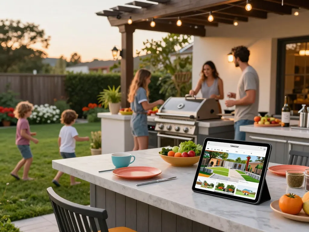 Engaging family outdoor gathering utilizing a configuratore 3D outdoor to design a beautiful outdoor kitchen and living space.
