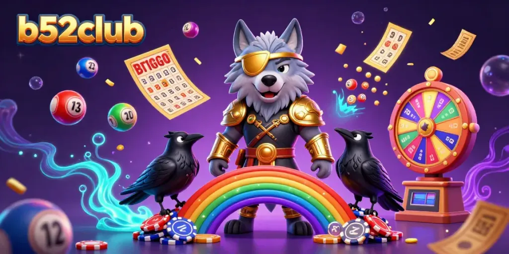 Bets on colorful b52club games with Odin wolf, lottery elements, and casino atmosphere.