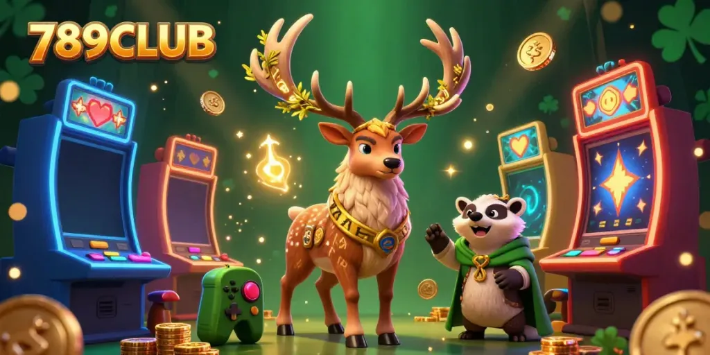 Experience the captivating gaming world of 789CLUB with a magical druid and charming badger in a vibrant casino.