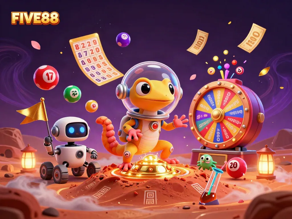 Experience thrilling games at FIVE88 with a vibrant alien casino adventure, featuring dynamic lottery elements.
