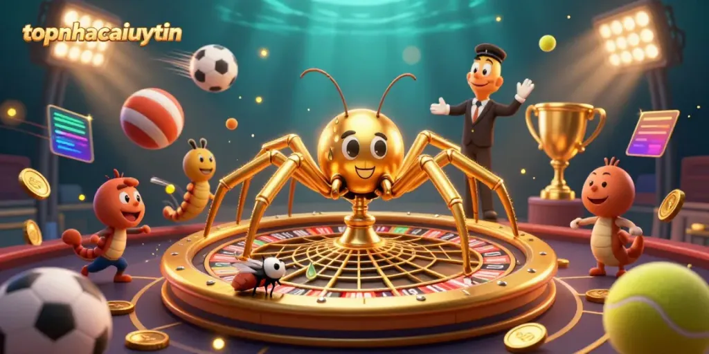 topnhacaiuytin features an exciting 3D scene of a golden spider, centipede croupier, and sports betting elements.