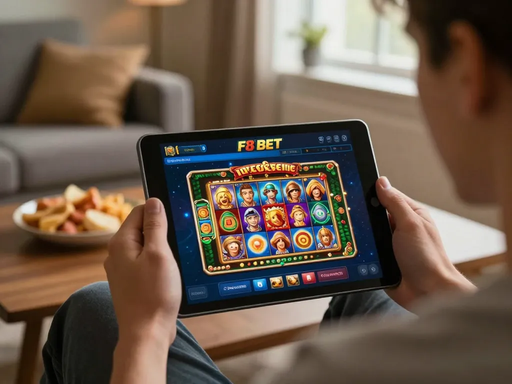 Engaging in online gaming with the F8 BET app, highlighting responsible gambling in a cozy home setup.