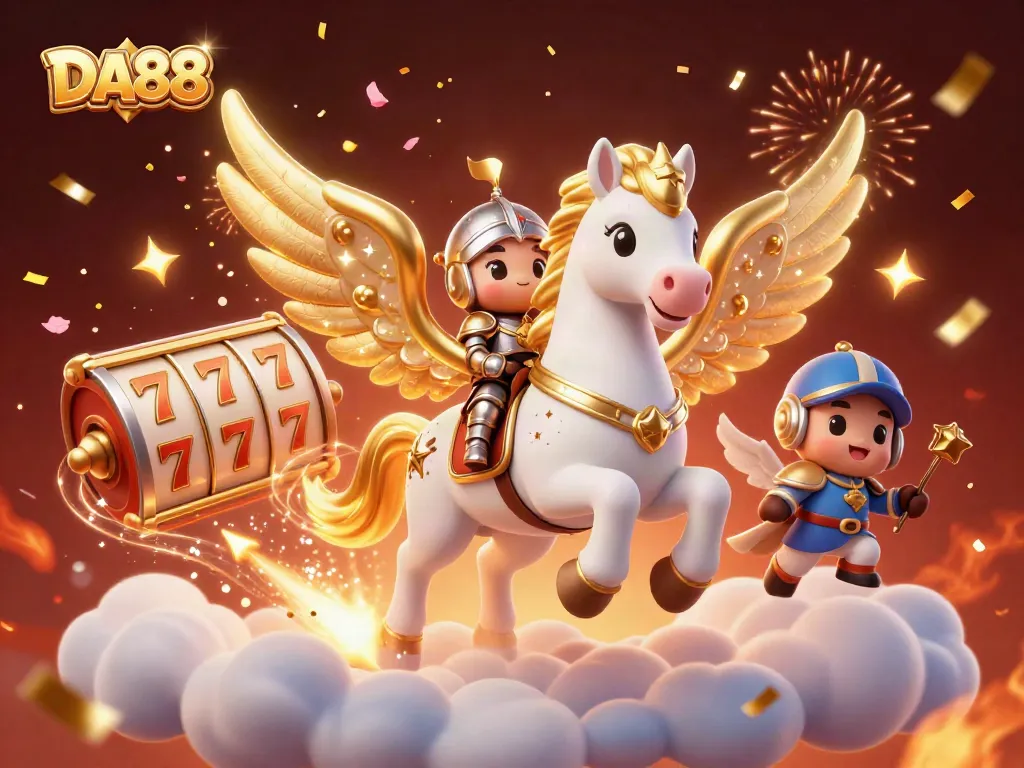Experience winning moments at DA88 with a celestial horse in a vibrant casino scene.