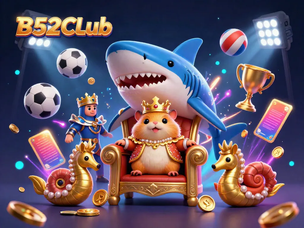 B52CLub showcases a dynamic casino scene with a golden hamster king on a megalodon throne, surrounded by sports betting elements.