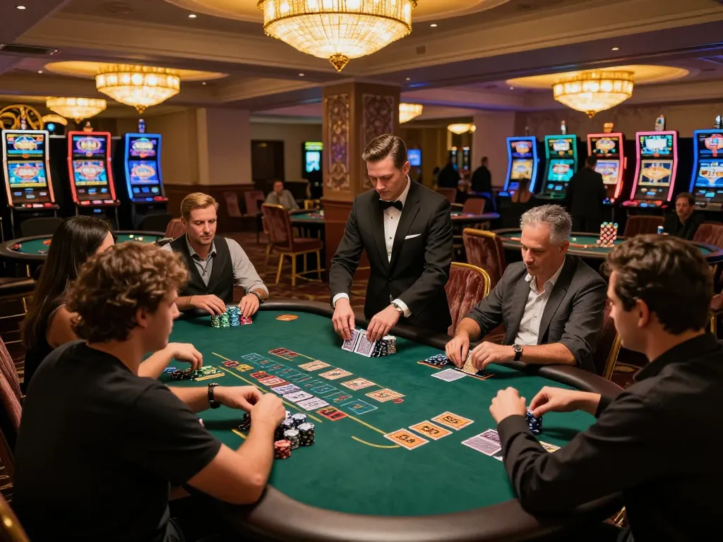 Players strategizing at a blackjack table in a luxurious casino environment, featuring MB66.