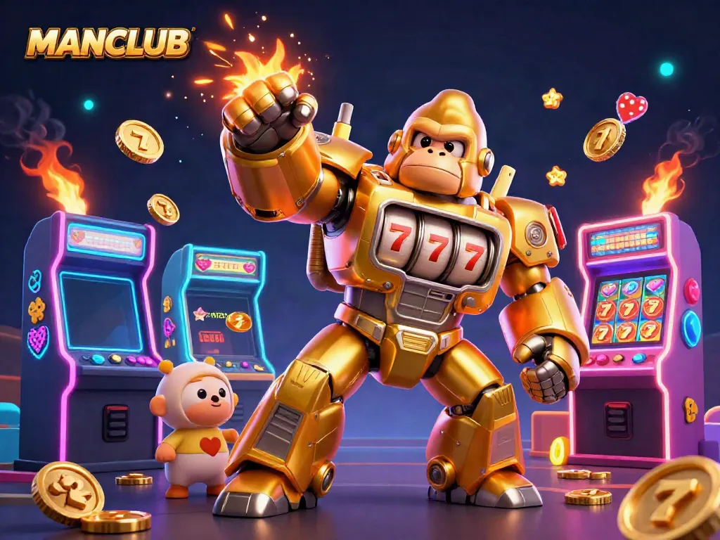 Play exciting casino games at MANCLUB with a vibrant golden gorilla mech and colorful game displays.