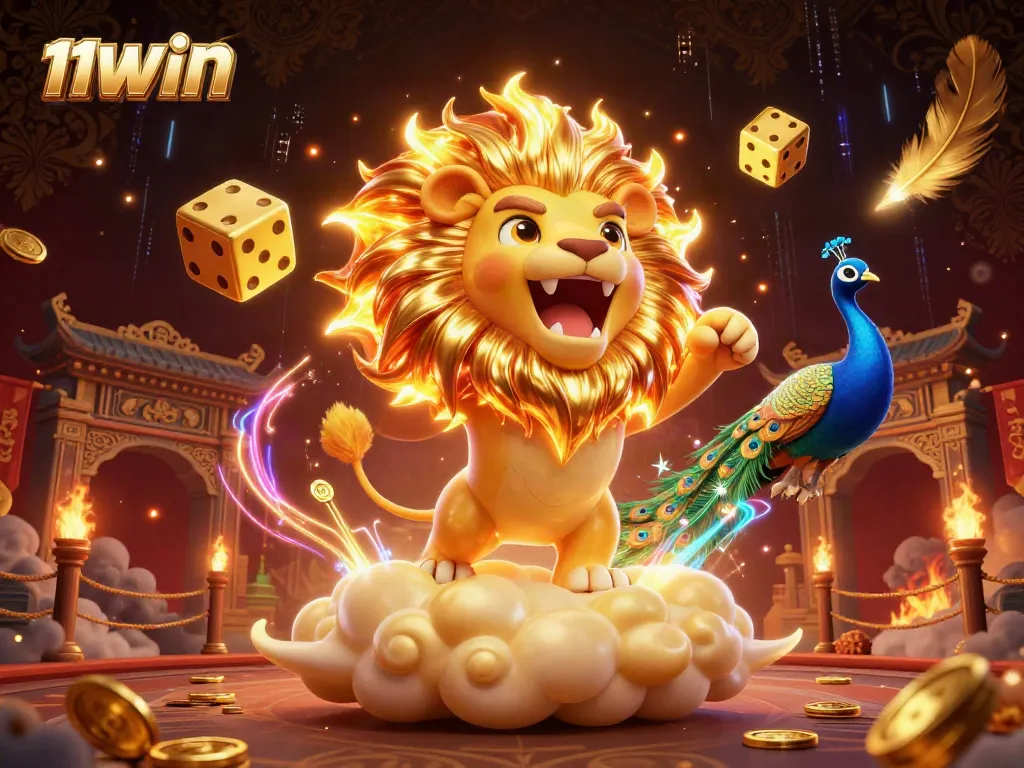Engage in thrilling gameplay at 11WIN with golden dice and a lion in a vibrant casino scene.