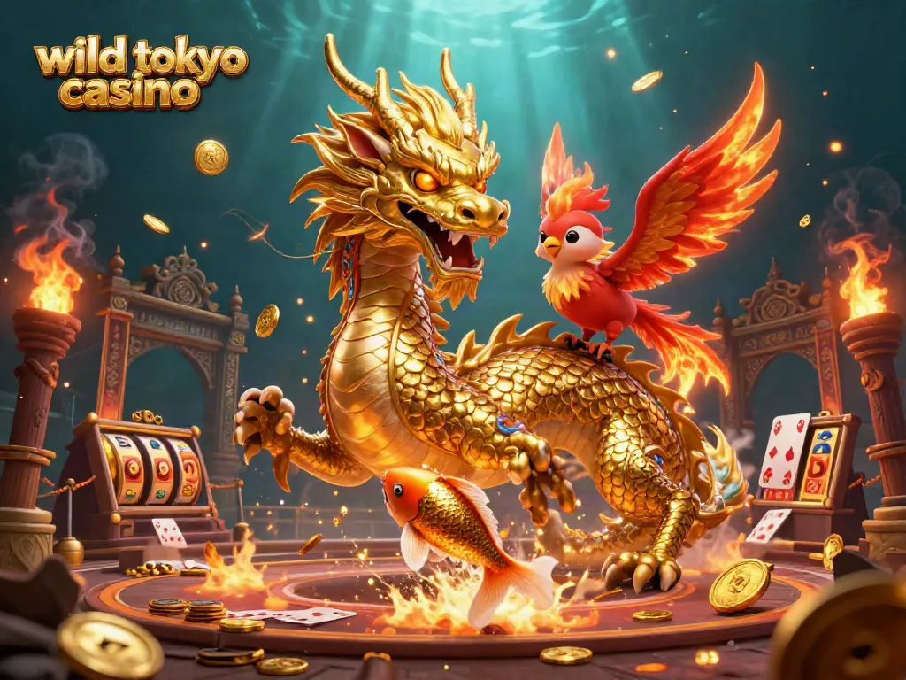Experience the excitement of wild tokyo casino with a stunning dragon, phoenix, and koi fish in action.