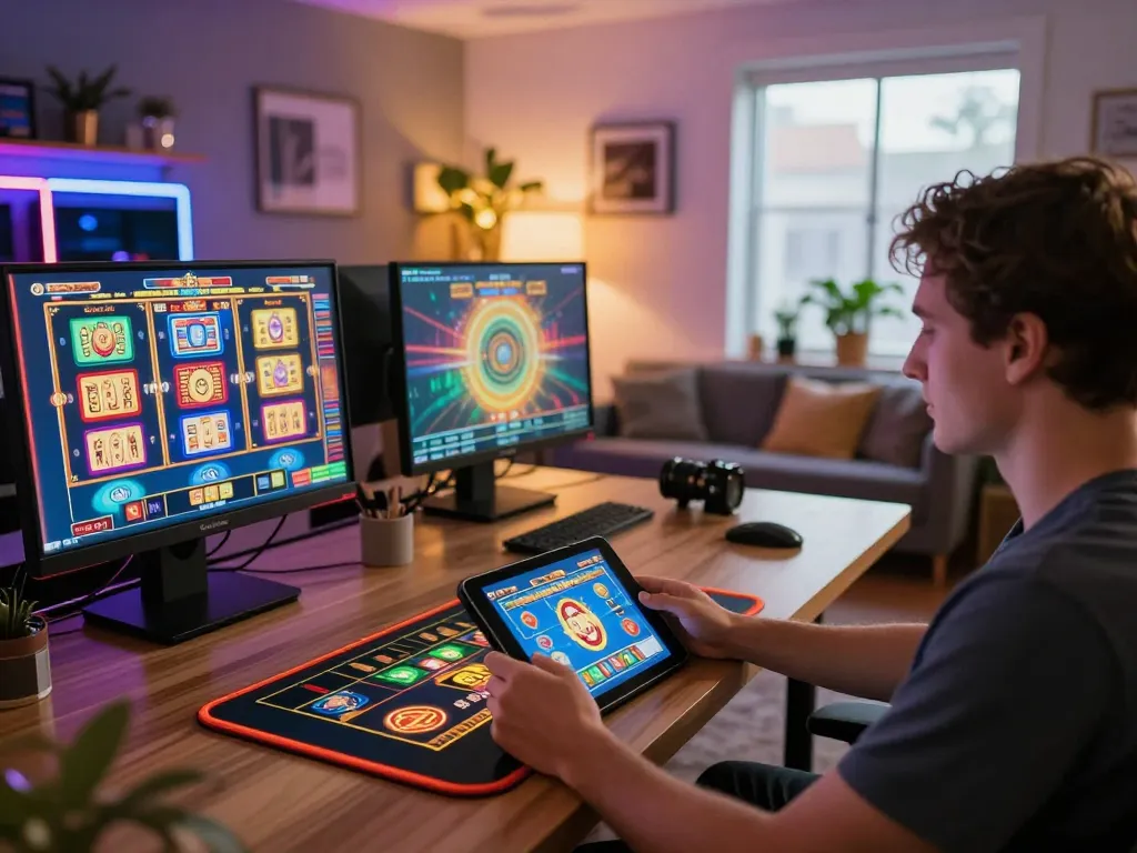 Player enjoying online gaming at home on the TG88 platform with tablet, showcasing vibrant gameplay.