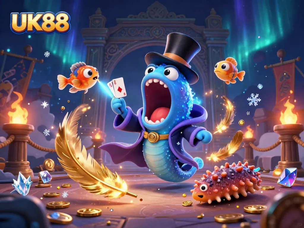 Experience thrilling magic tricks in UK88 with animated characters performing in a dynamic casino arena.