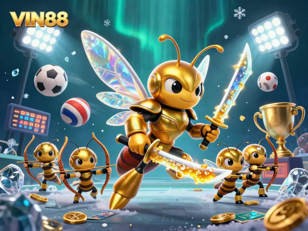 Win big on VIN88 with a dynamic illustration of a golden hornet, surrounded by vibrant sports elements and casino icons.