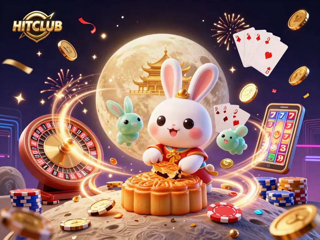 Experience winning with HITCLUB as cartoon characters celebrate with poker chips and casino elements.