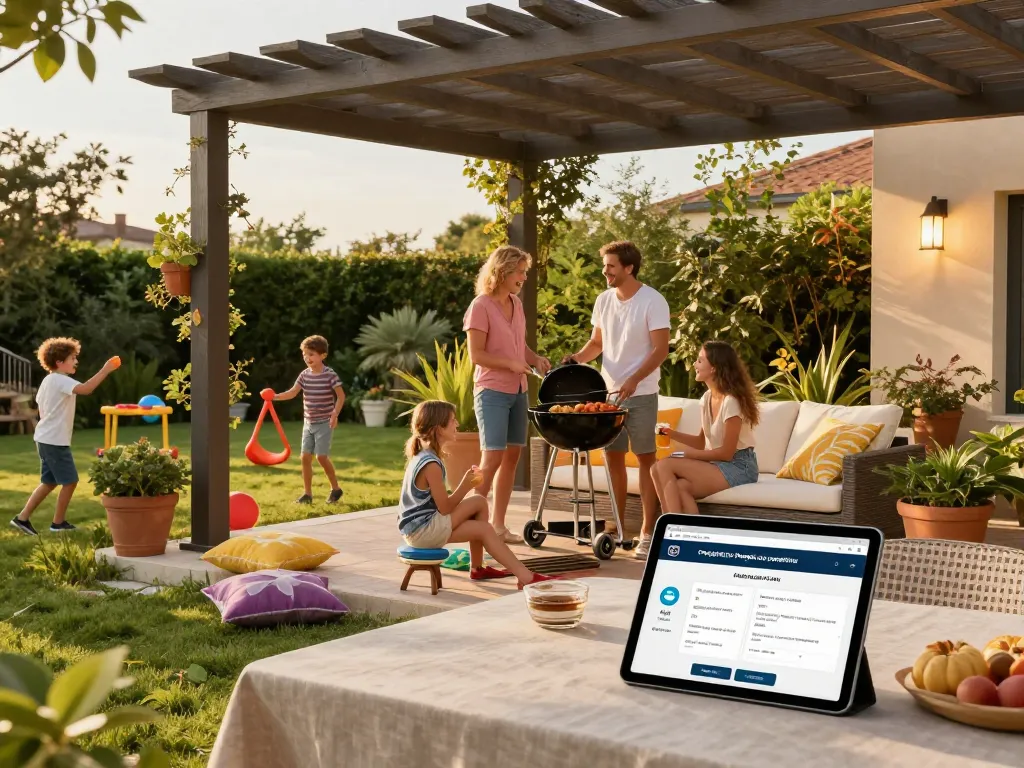 Famiglia che si gode un barbecue all'aperto sotto un configuratore pergole con preventivo, con un design di pergola elegante e un'atmosfera vivace.
