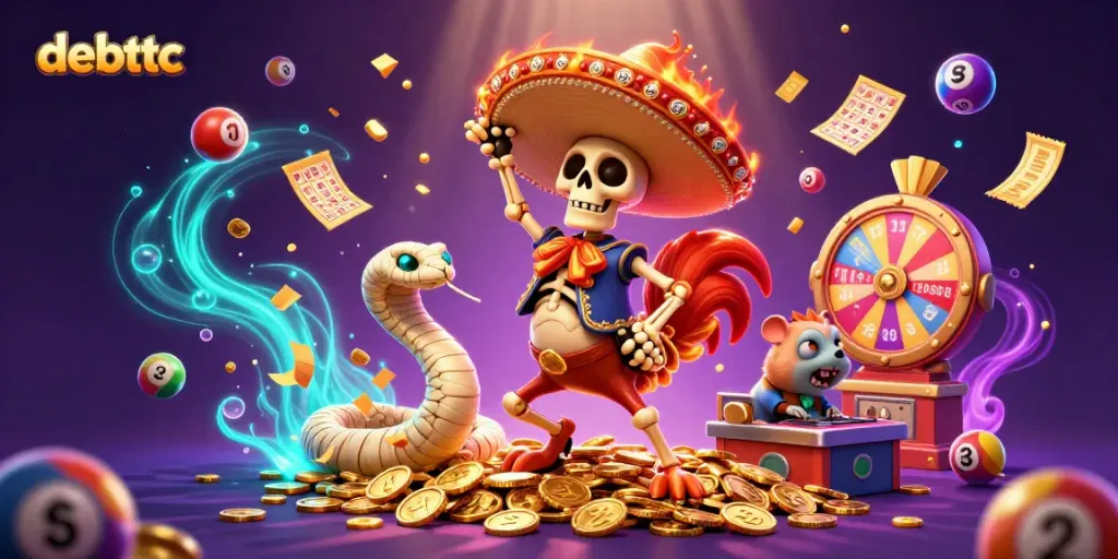 Experience fun with debetc as a lively skeleton mariachi rooster dances joyfully atop golden coins.