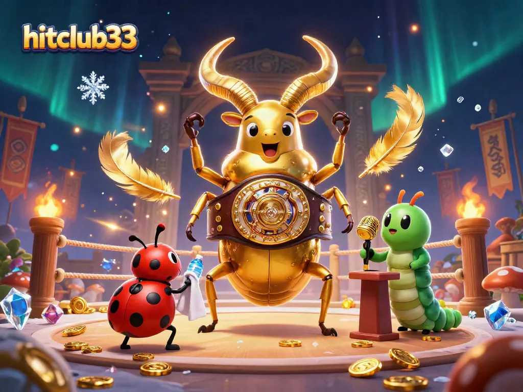 Experience thrilling action at hitclub33 with a golden stag beetle champion, vibrant casino elements, and dazzling coins.