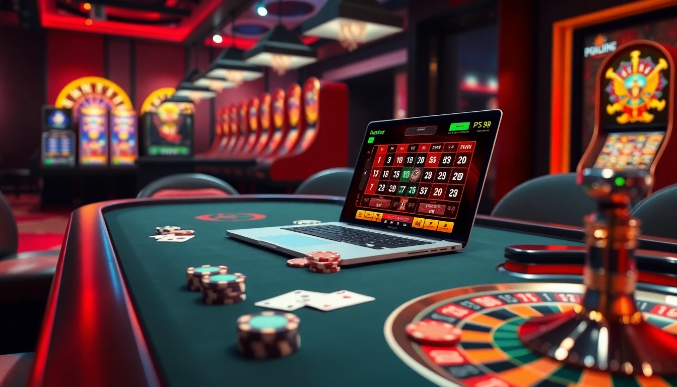 A vibrant casino scene with poker chips and online betting interface celebrating PS 99's thrilling gambling experience.