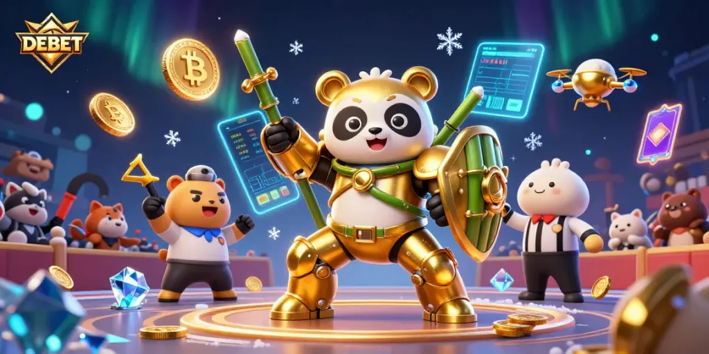 Engage in DEBET gaming with vibrant 3D panda mech battling in a dynamic casino arena.