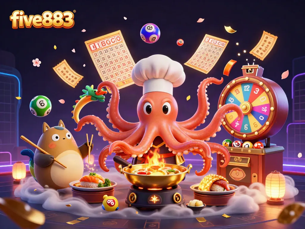 Experience vibrant gameplay with five883, showcasing colorful lottery elements in a lively casino scene.