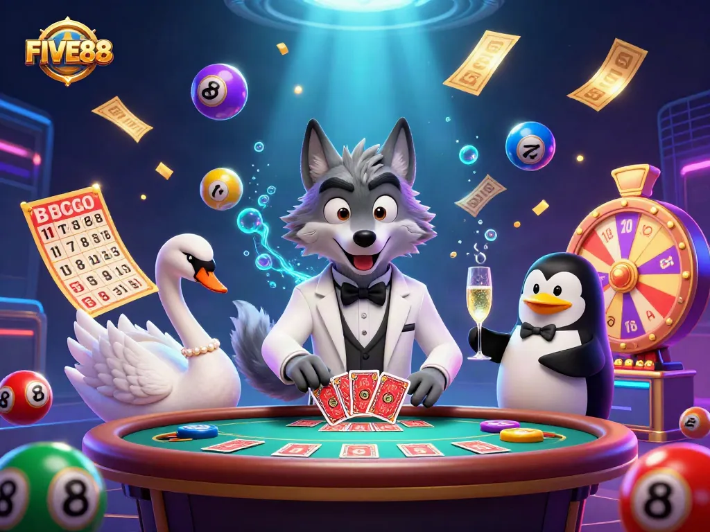 Engage in thrilling baccarat at FIVE88 with a stylish wolf, elegant swan dealer, and sophisticated penguin sommelier.