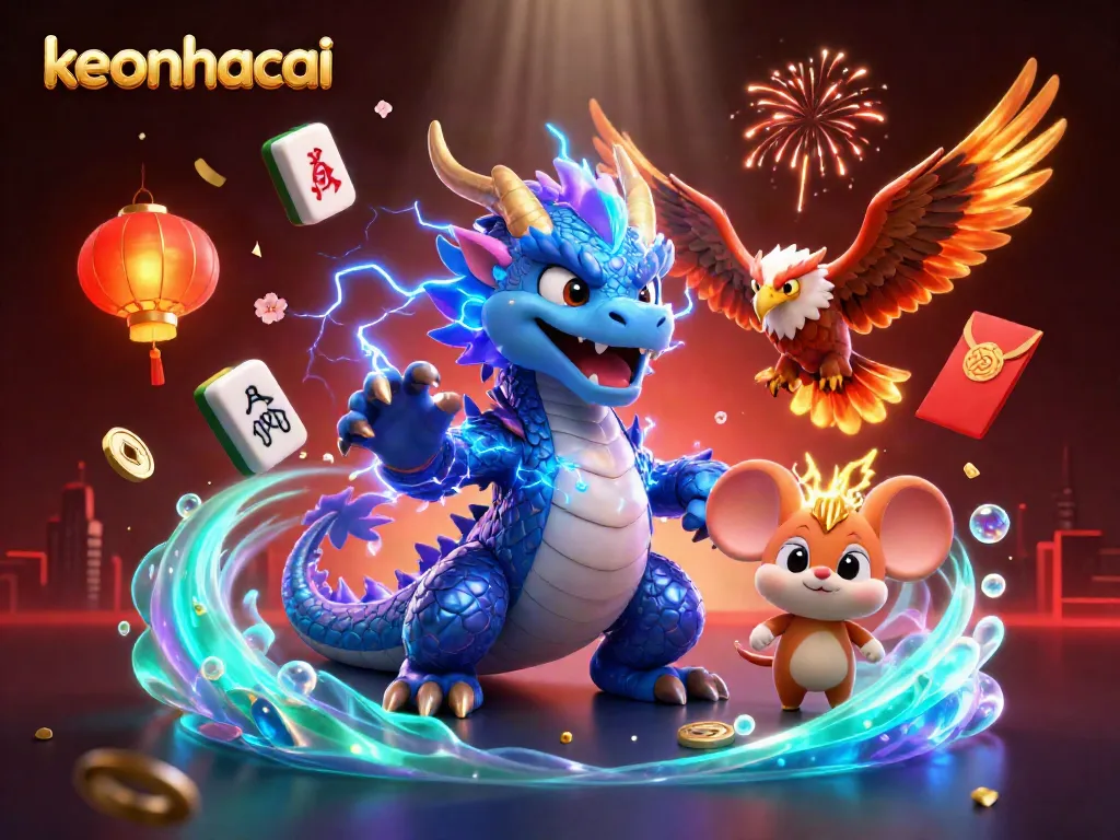 Experience the thrilling energy of keonhacai with a thunder dragon, hawk, and mouse in a vibrant casino-themed scene.