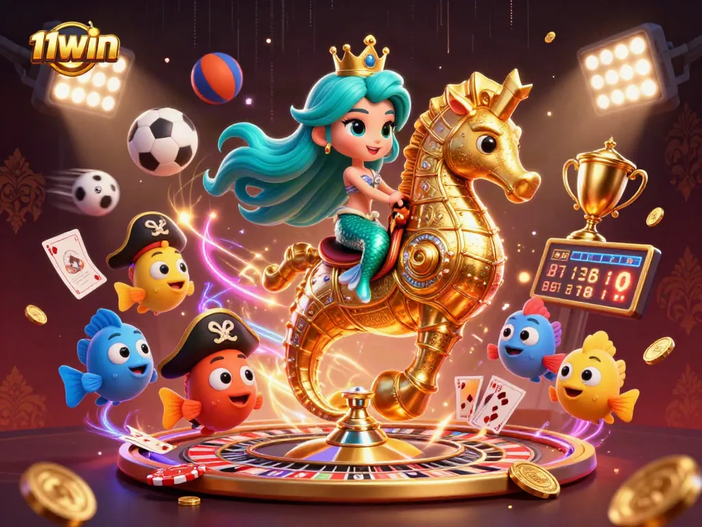 Engage in thrilling gaming with 11WIN's vibrant casino scene showcasing a mermaid, seahorse, and colorful characters.