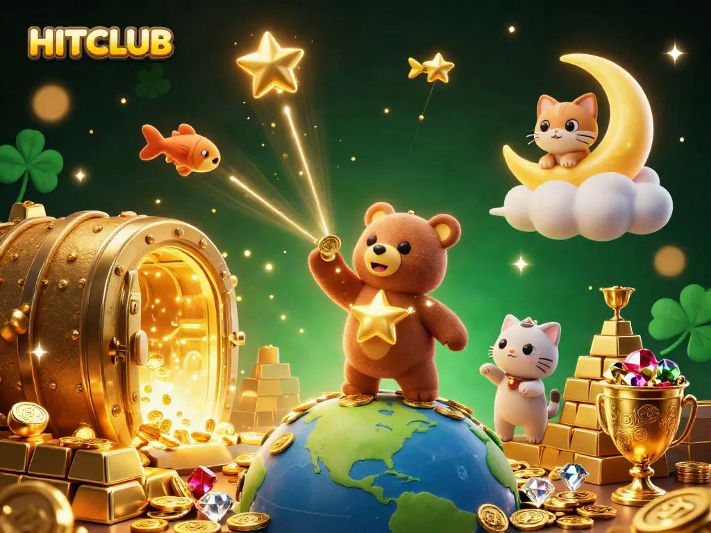 Experience the excitement of HITCLUB with a 3D constellation bear scooping gold coins in a vibrant casino scene.