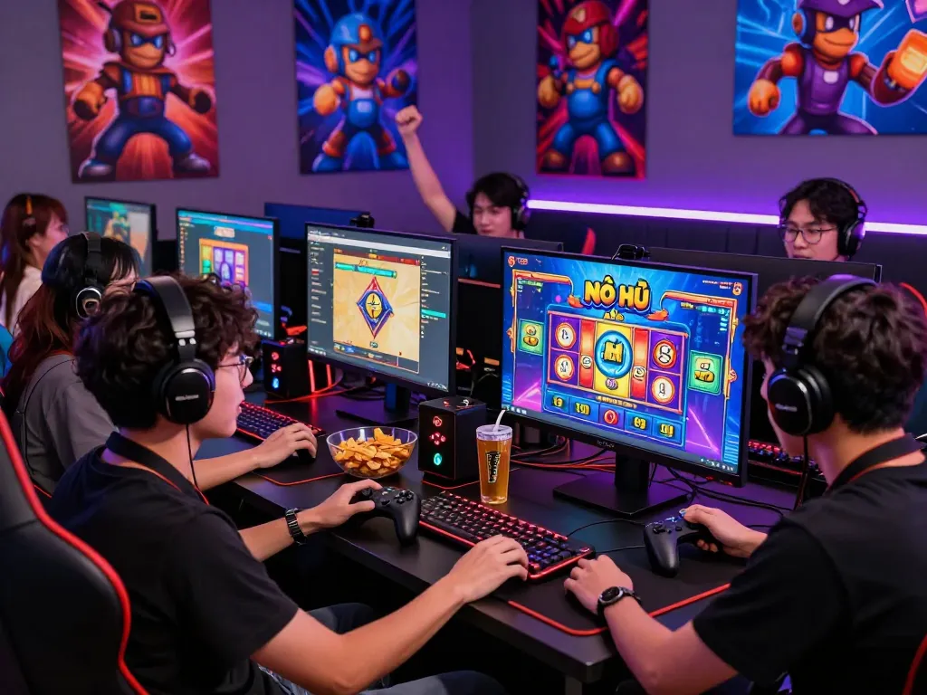 Nổ Hũ Uy Tín online gaming experience with friends enjoying slot games in a vibrant, modern setting.