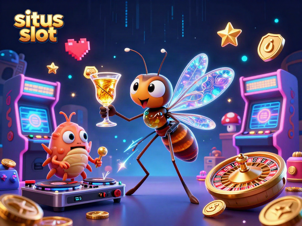 Engage with the situs slot experience illustrated by a lively mascot and dynamic gaming elements.