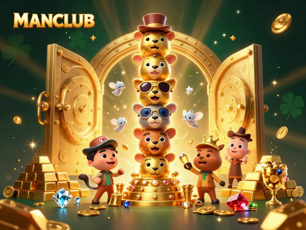 Join the excitement at MANCLUB with golden treasures bursting from a vault in this casino-themed illustration.