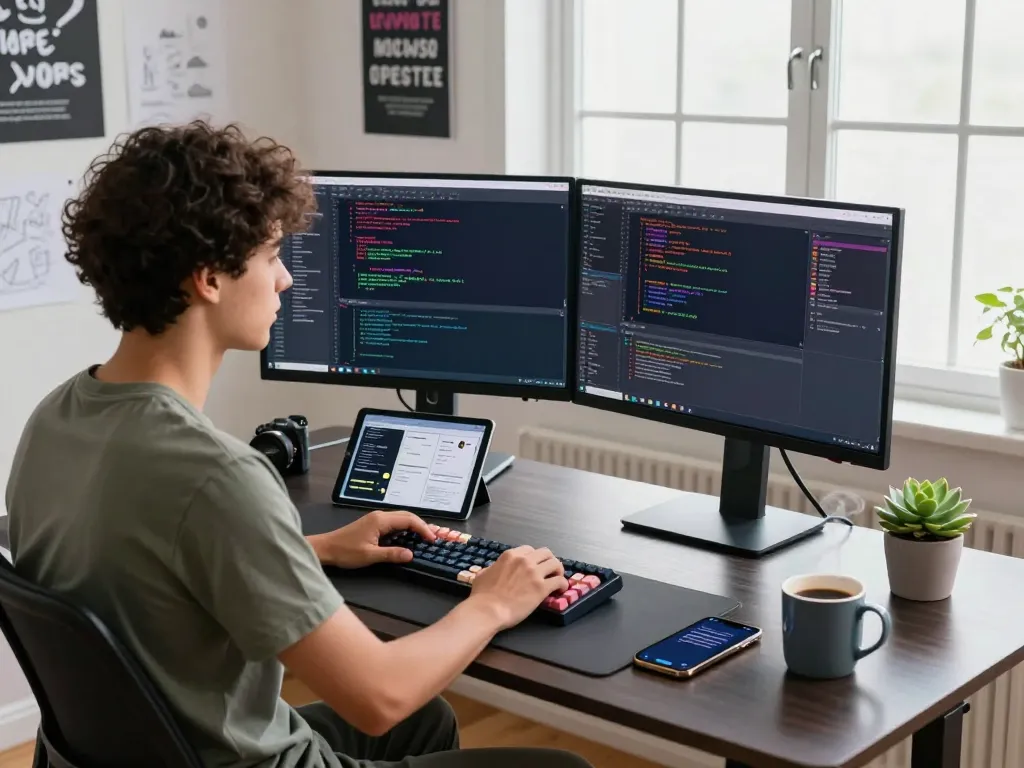 Dynamic workspace showcasing a developer coding using crushonai on dual monitors with vibrant visuals.