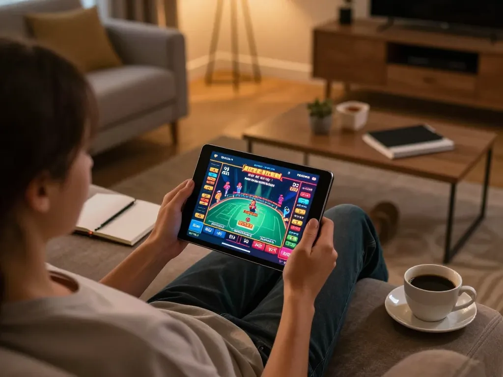 Engaged player using tablet for online casino games at https://sx88.bio/, showcasing strategic gameplay in a cozy home setting.