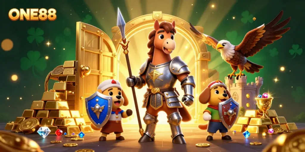 Experience thrilling adventures at ONE88 with a medieval knight, squire puppy, and castle falcon amidst gold and jewels.
