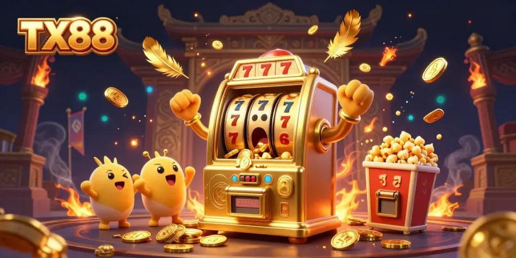TX88 slot machine celebrates hitting a jackpot with coins flying, engaging viewers in the casino experience.