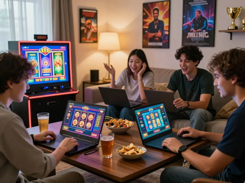 Friends enjoying thrilling gaming experience on https://go999.de.com, showcasing vibrant online casino atmosphere.
