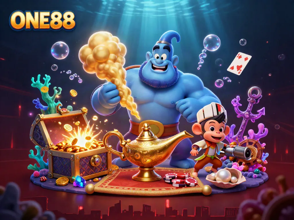 Experience thrilling games with ONE88, featuring a vibrant Genie and poker in a magical casino.