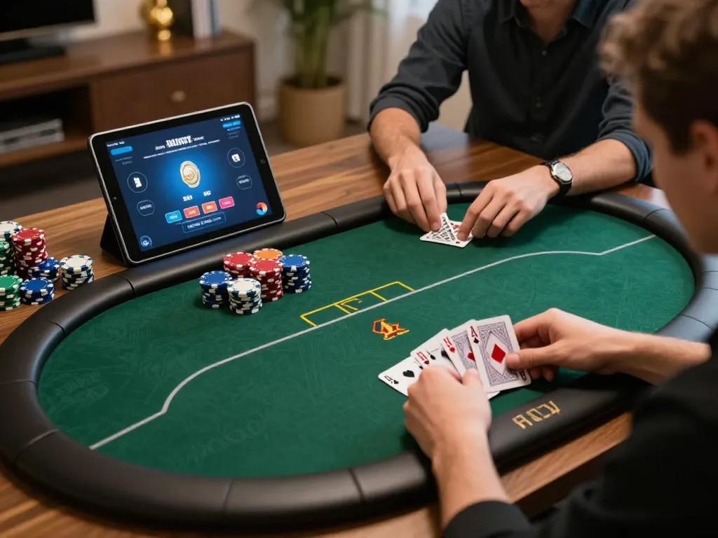 Engaging in online poker at home with nhà cái au88, showcasing strategy and focus in a cozy environment