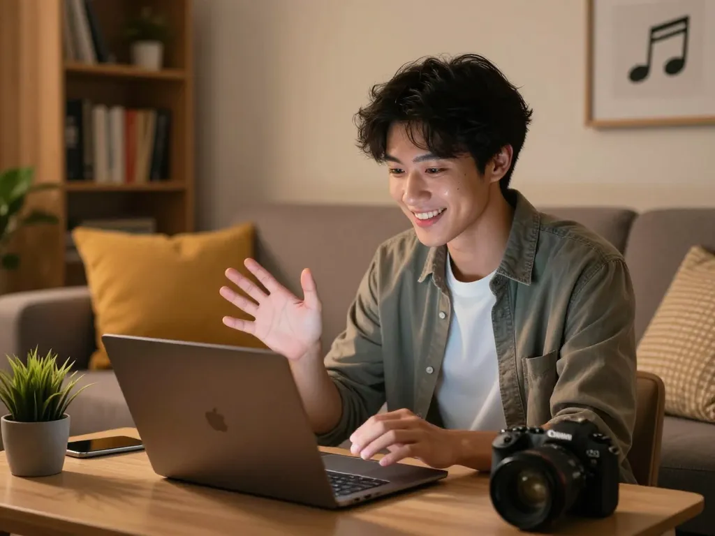 Engaging in a sex ai chat in a cozy home office with warm lighting and modern decor.