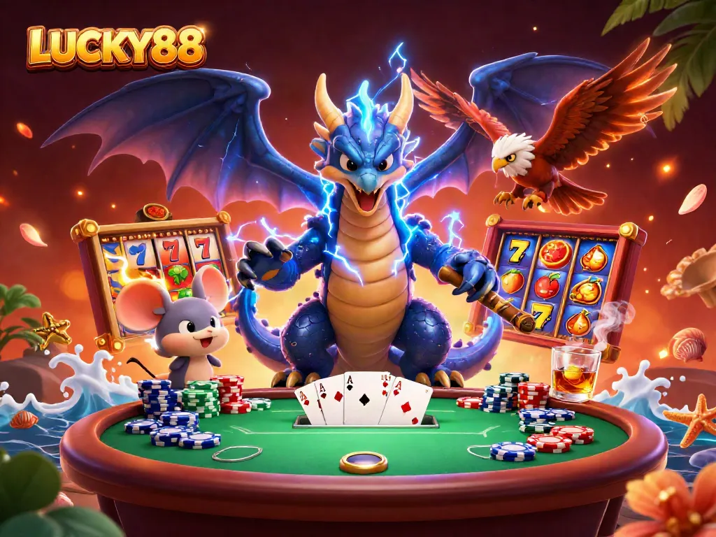 LUCKY88 engages players with vibrant slot reels and dynamic casino elements in a colorful scene.