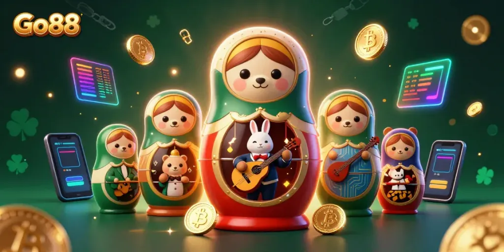 Engage with the vibrant world of Go88, featuring a whimsical scene with cartoon characters and casino elements.