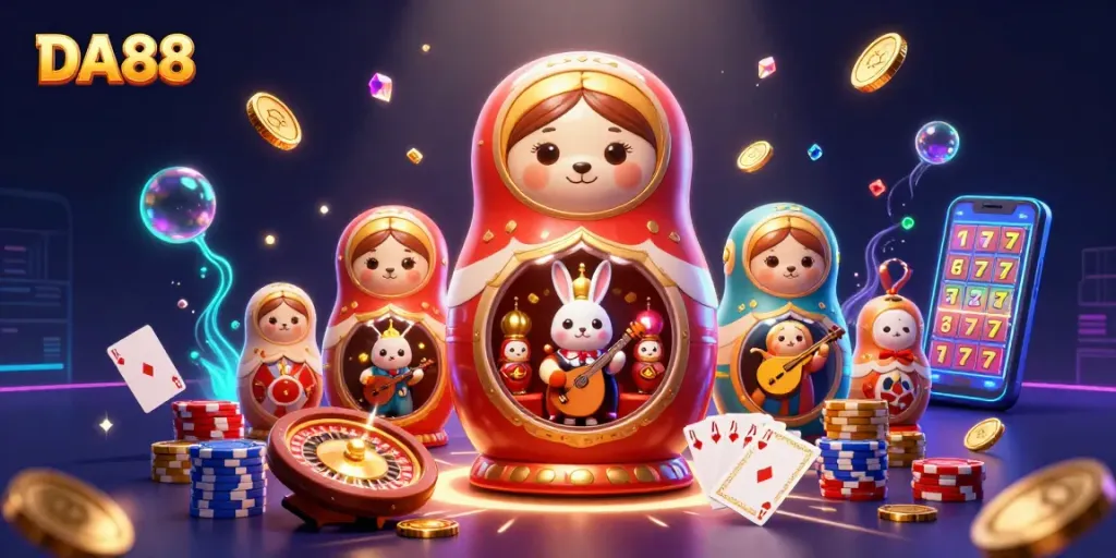 Engage with DA88 by exploring vibrant casino-themed scene showcasing animated characters and dynamic elements.