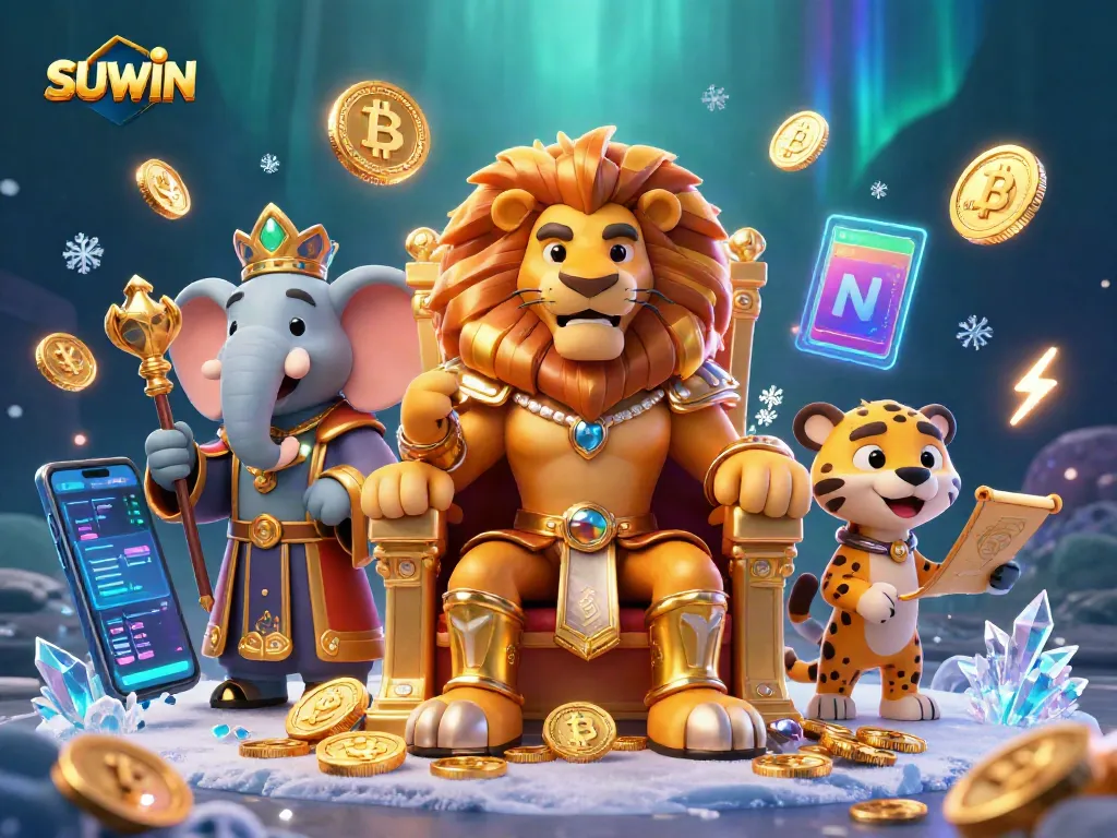 Suwin casino showcases a powerful lion king on a throne, surrounded by vibrant crypto icons and shimmering gold.