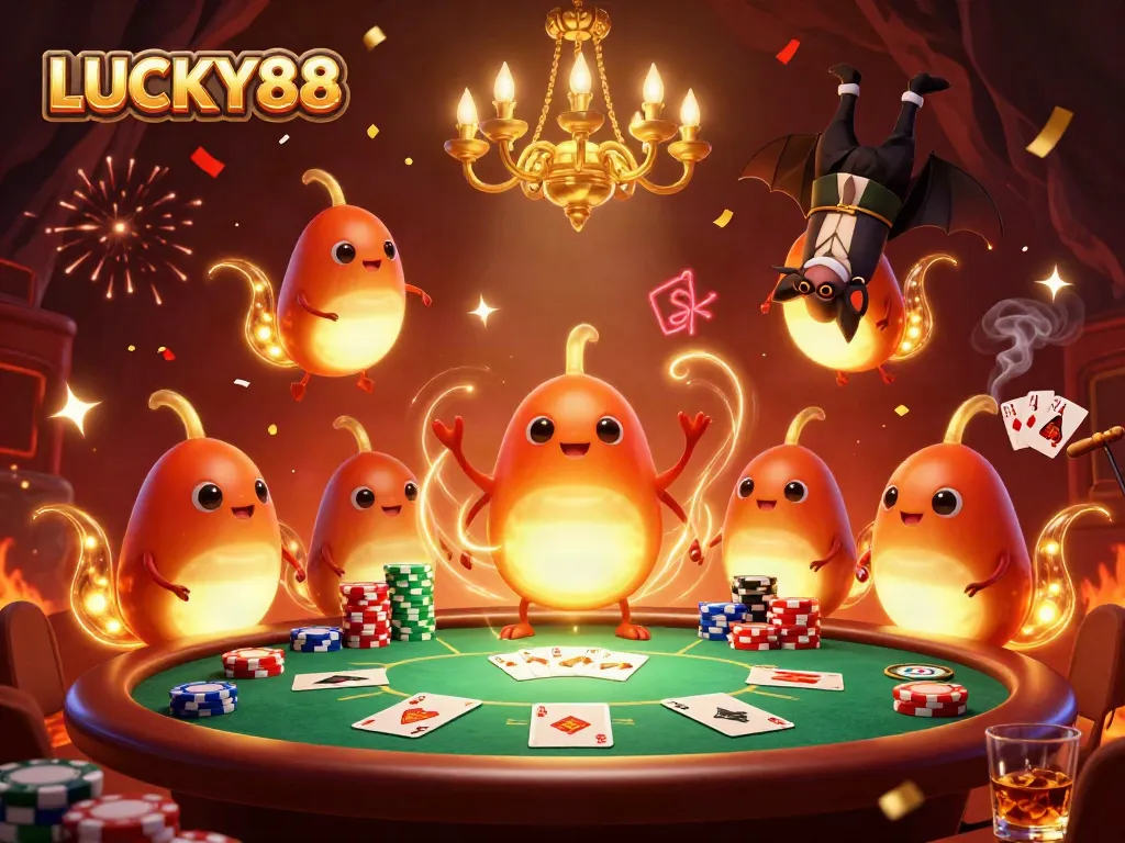 Experience the excitement of LUCKY88 as glowworms light up an energetic casino scene.