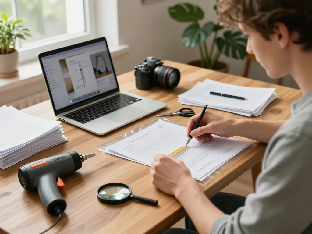 Carefully peeling back bóc ép plastic from important documents in a bright home workspace.