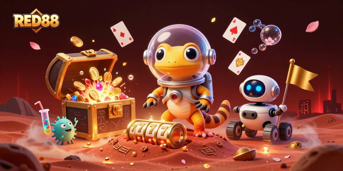 Engage in exciting casino adventures with RED88 as a Martian gecko discovers buried treasures and slot games.
