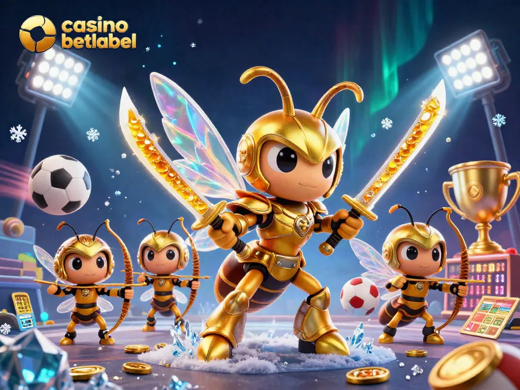 Play thrilling games at casino betlabel with a vibrant 3D illustration of a golden hornet and dynamic sports elements.
