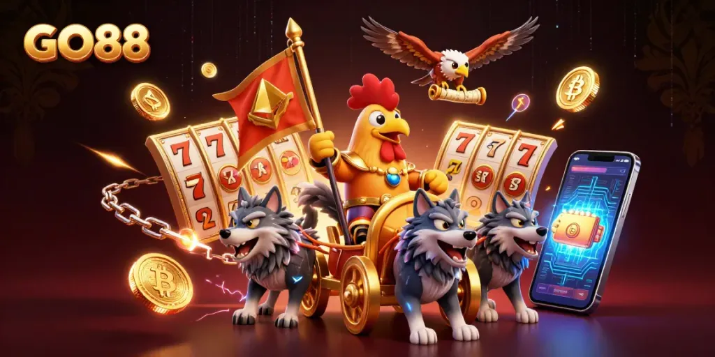 Experience the thrilling GO88 gaming adventure with a dynamic illustration featuring a rooster warlord and golden symbols.