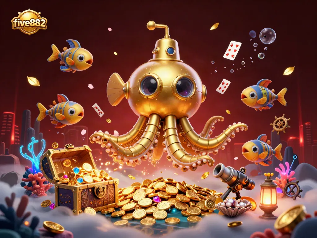 Experience thrilling wins at five882, featuring a golden kraken submarine amidst a treasure-filled sea.