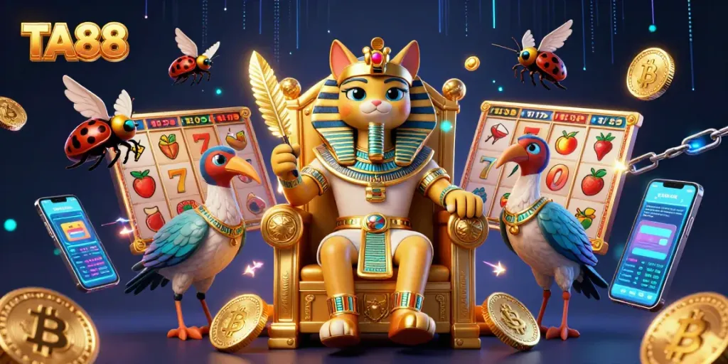Engage with TA88's vibrant online casino showcasing rich slot game features and crypto elements.