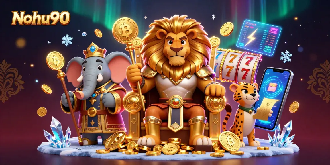 Nohu90 slots game experience featuring a lion king on a throne of gold coins among dynamic casino elements.