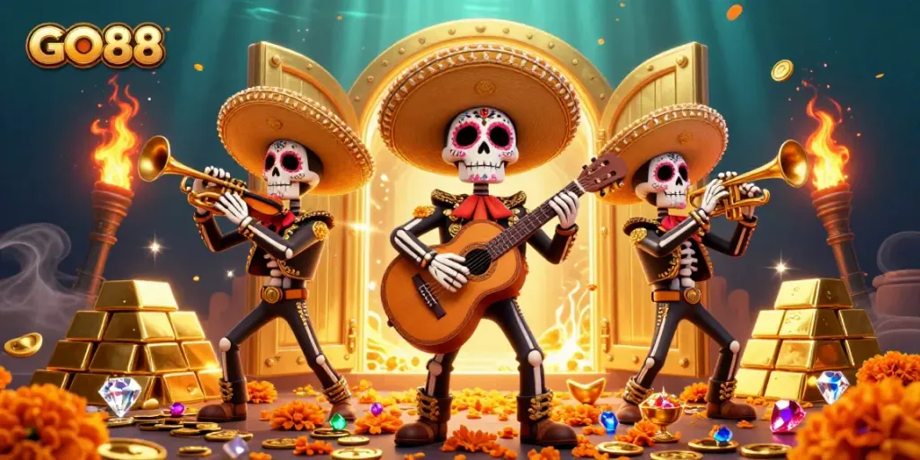 GO88 brings excitement with a vibrant mariachi band amidst piles of treasure and jewels.